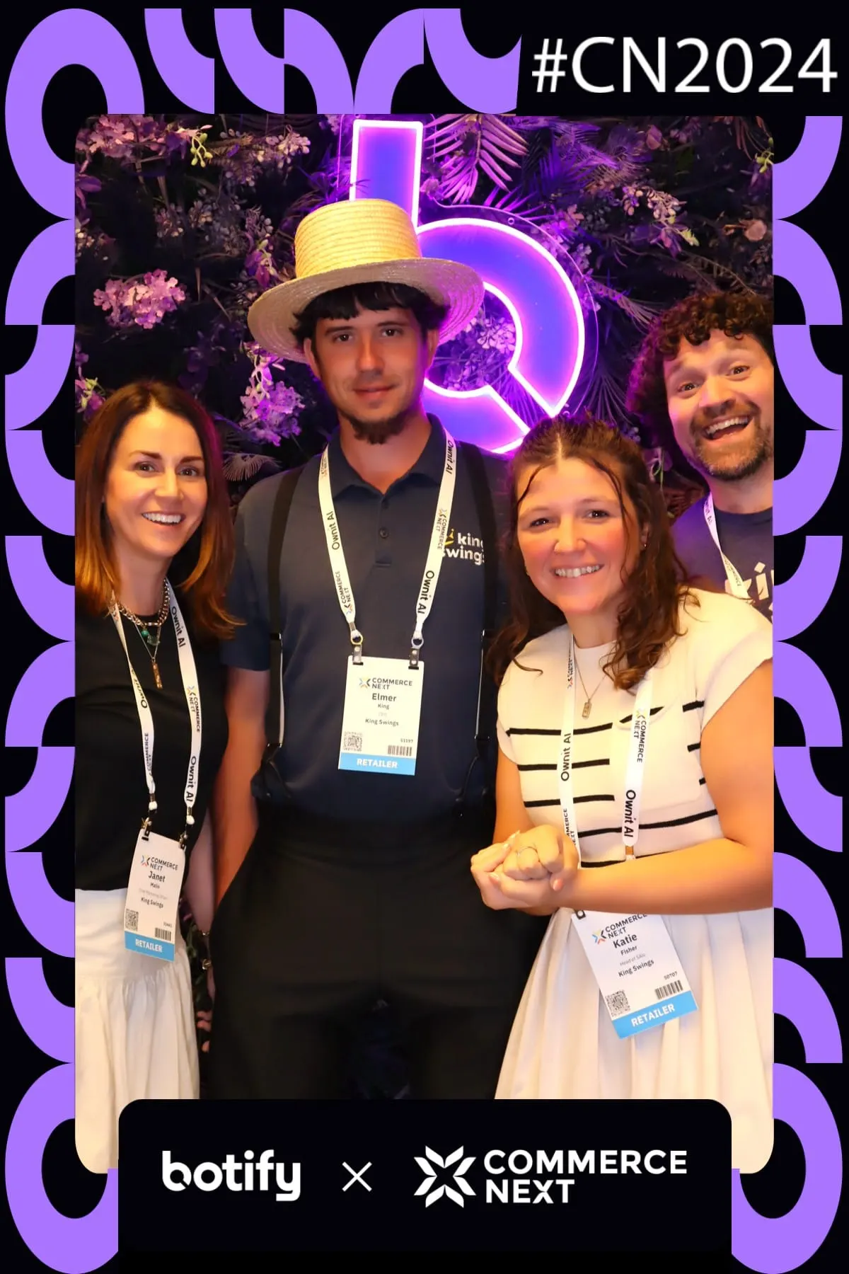 Four King Swings retailers posing at the Botify x CommerceNext booth, one in a straw hat