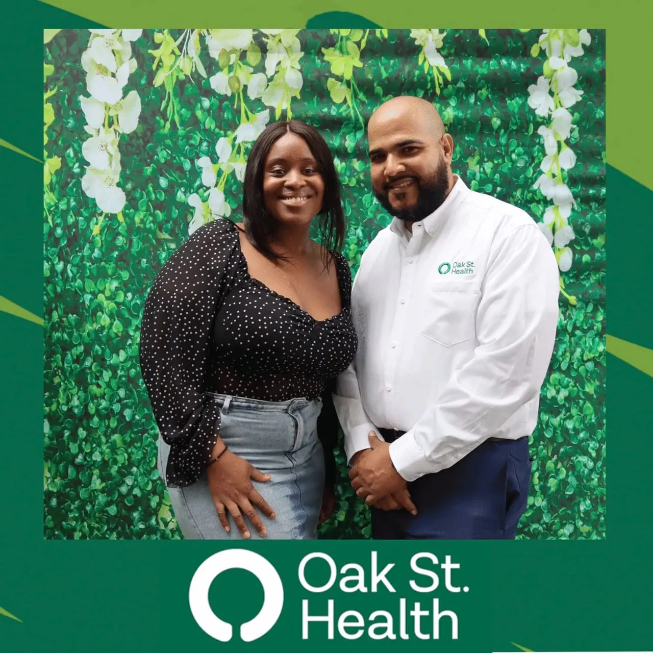 Three Oak St. Health team members posing together, one in scrubs